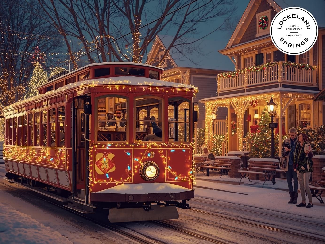 A lit-up holiday trolley on a snowy Lockeland Springs street at dusk